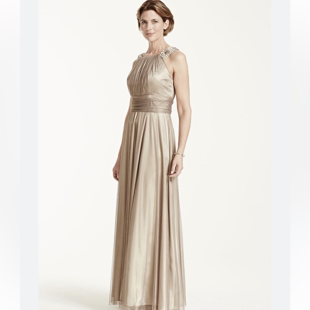 David bridal metallic iridescent tulle jewels neck gown with rached waist